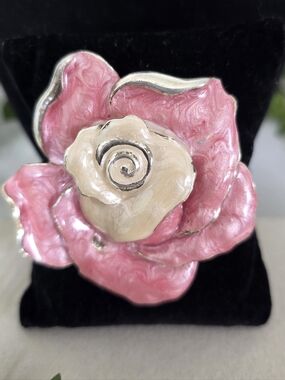 Vintage Silver Statement Enamel Pink Ivory Rose Flower Brooch Pin